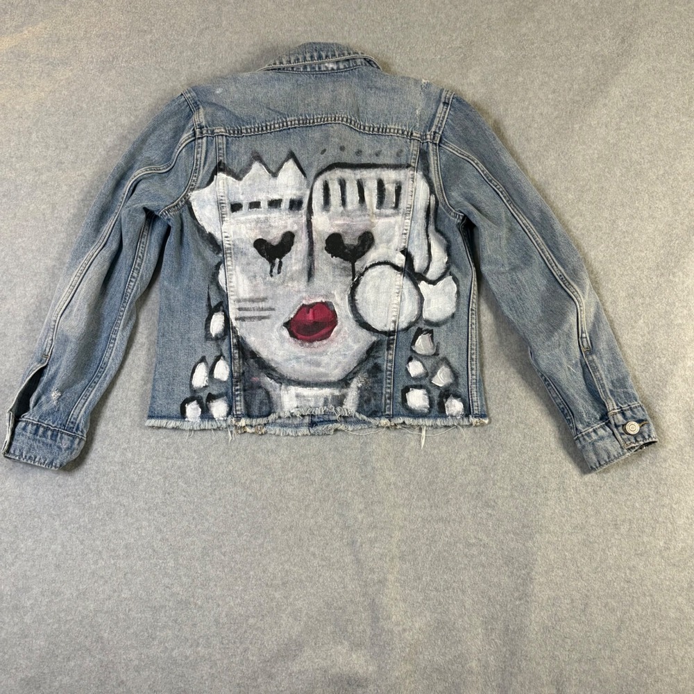 Lucky Brand Tomboy Trucker Denim Jacket Custom Painted Abstract Face Blue S